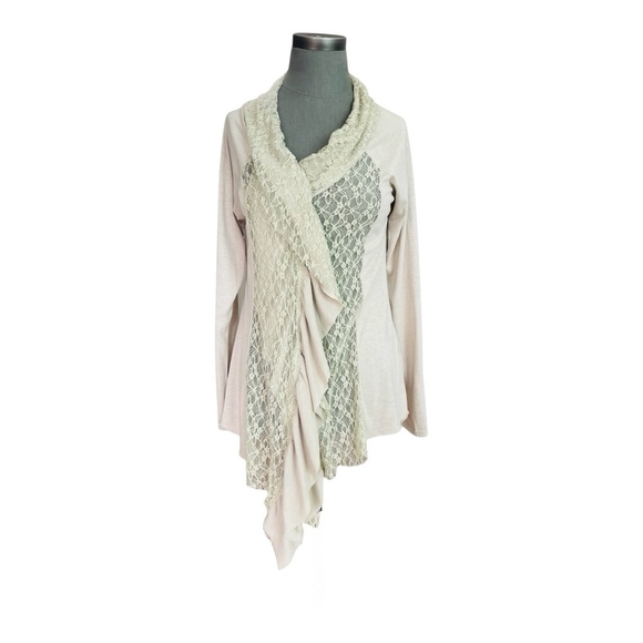 Women’s Cardigan A’REVE Asymmetrical Beige Lace Jacket Long Sleeve Cardigan Top - Picture 2 of 6